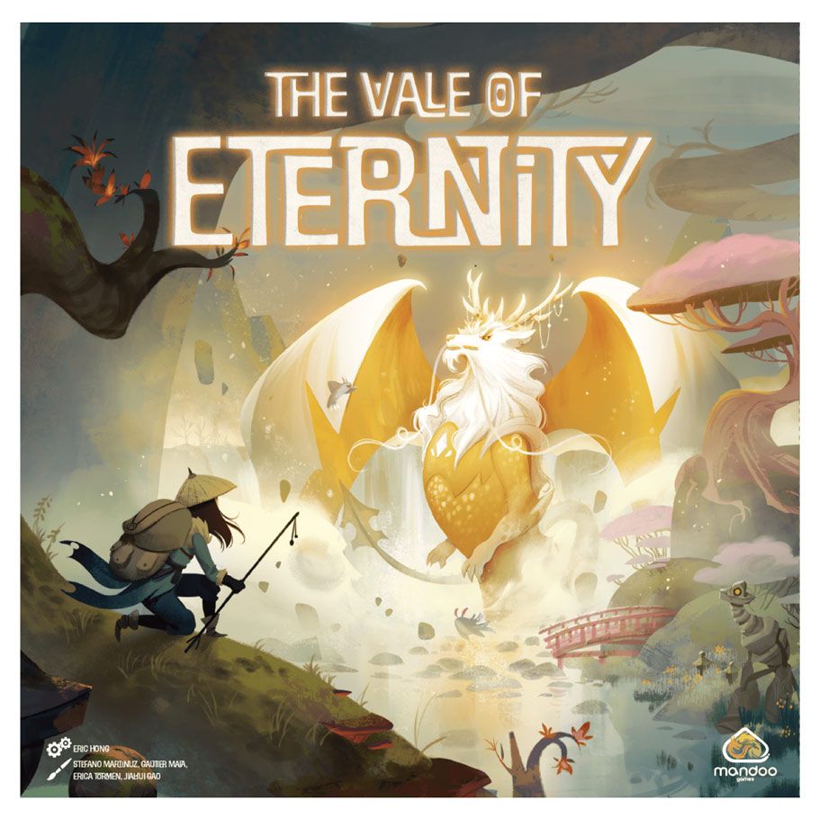 The Vale of Eternity - Fantasy-themed board game box art featuring a glowing white and gold dragon, a cloaked figure with a staff, and mystical.