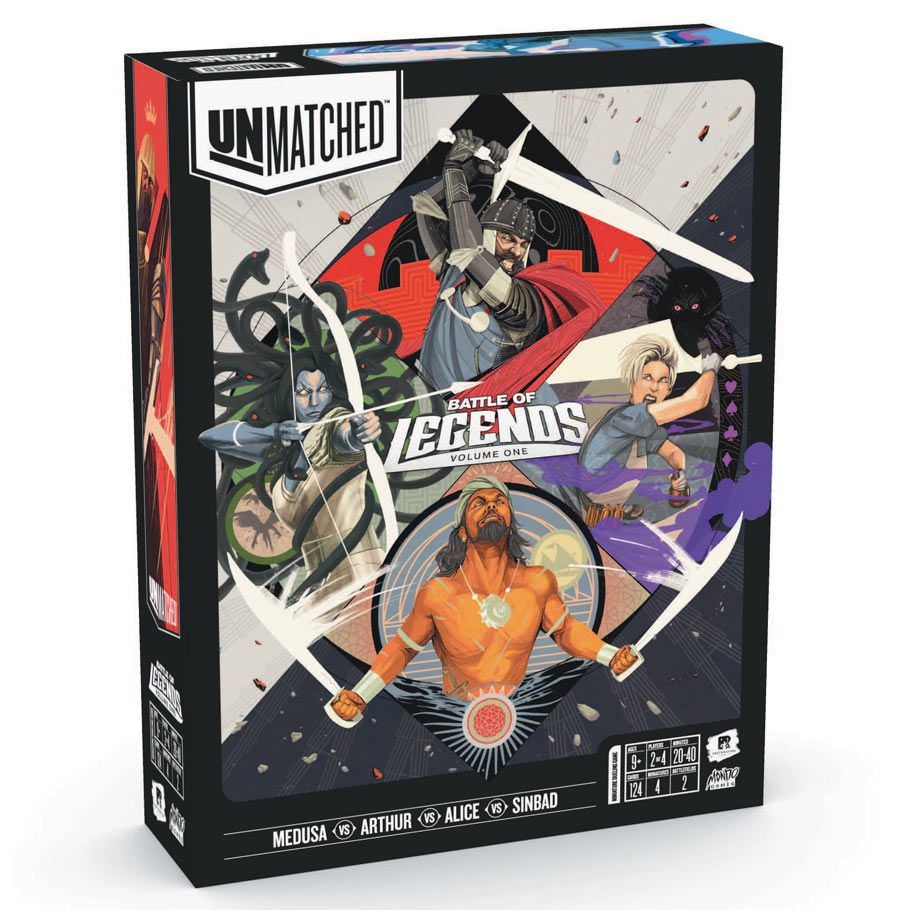 Unmatched Battle Of Legends Volume 1 - Board game box featuring dynamic fantasy warriors in action poses on a black background, titled Unmatched Battle of Legends.
