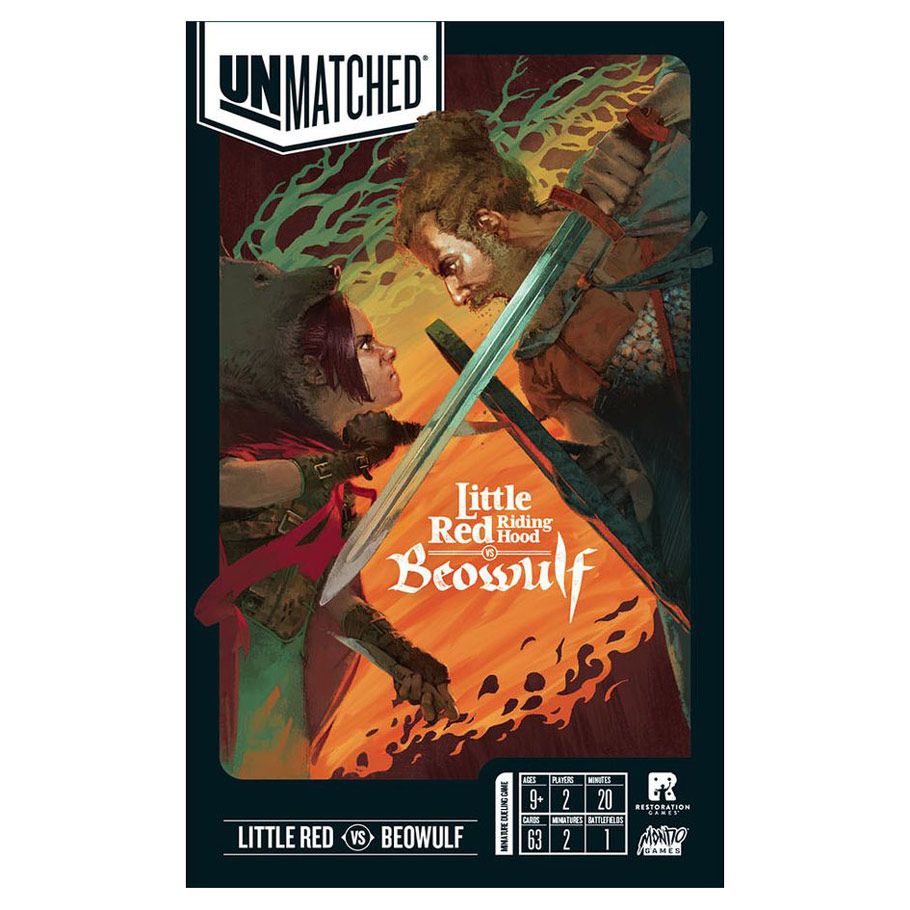 Unmatched Little Red Riding Hood Vs. Beowulf - Dark-themed game box featuring illustrated Little Red Riding Hood wielding a knife facing off against Beowulf with a glowing