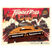 Thunder Road: Vendetta - Board game box with a fiery red and orange backdrop featuring an aggressive orange muscle car speeding toward the viewer.