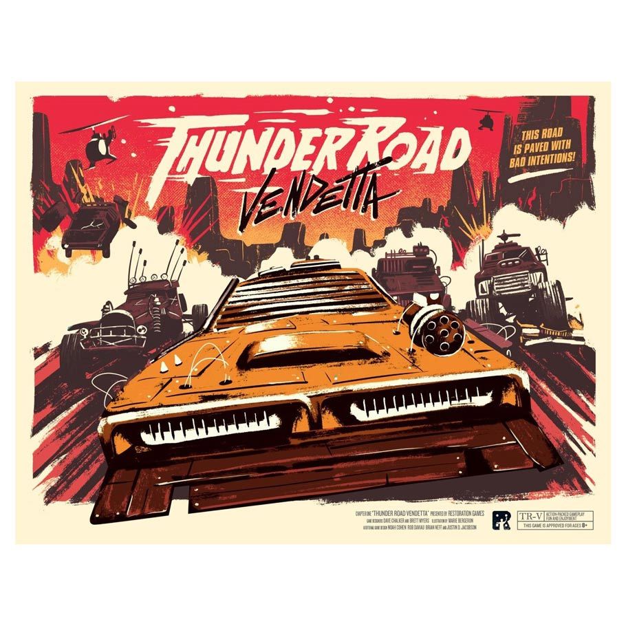 Thunder Road: Vendetta - Board game box with a fiery red and orange backdrop featuring an aggressive orange muscle car speeding toward the viewer.