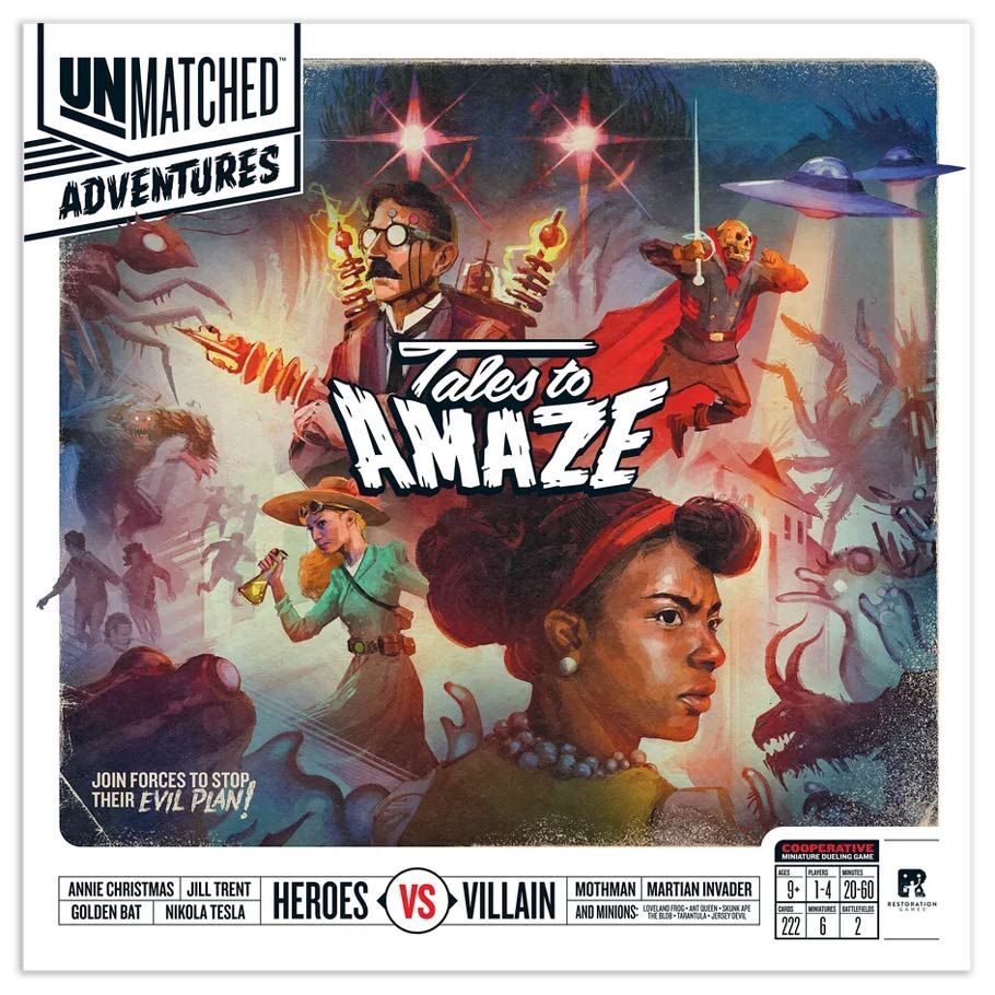 Unmatched Adventures: Tales to Amaze - Unmatched Adventures card game box with colorful illustrated characters, action scenes, and bold “Tales to Amaze” title on a