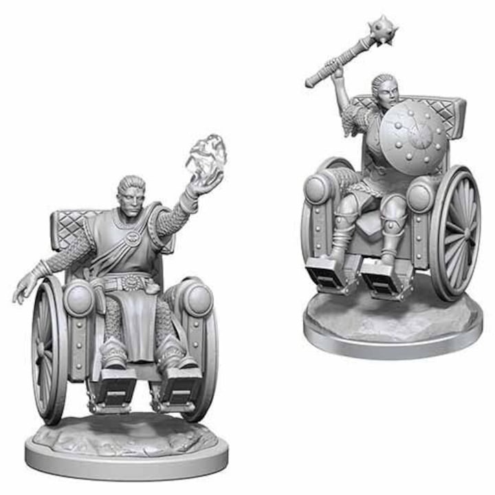 D&D Nolzur's Marvelous Miniatures: Human Clerics - Two unpainted gray plastic miniatures of human clerics, one seated holding a staff with a flame and the other in a.
