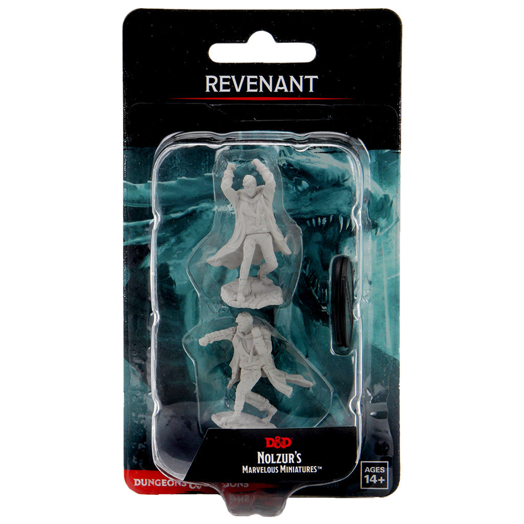 D&D Nolzur's Marvelous Miniatures: Revenant - Unpainted gray resin D&D miniatures of two revenant figures in dynamic poses, packaged in clear blister pack with black and.