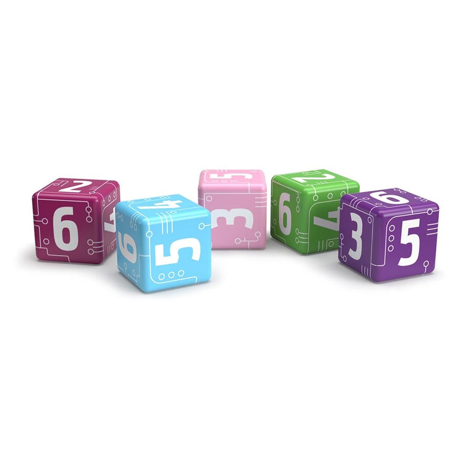 Sentient (PREORDER) - Five colorful six-sided dice in purple, blue, pink, green, and violet with large white numbers and markings.