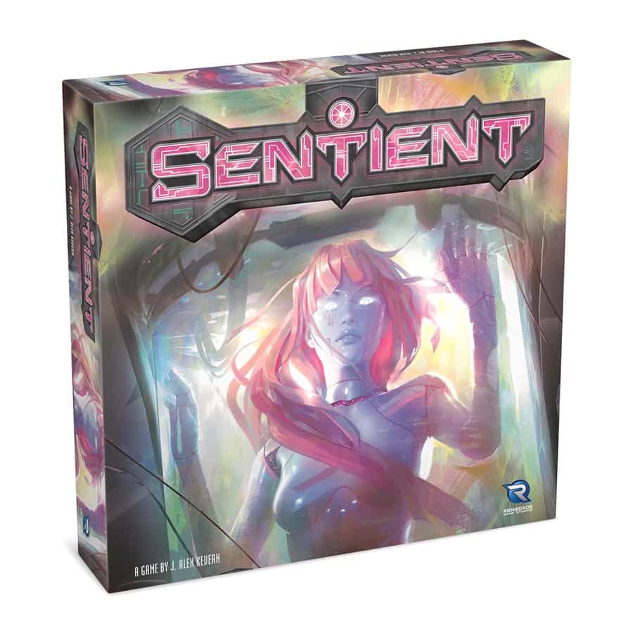 Sentient (PREORDER) - Board game box with a futuristic female alien figure in shades of blue and pink, glowing eyes, set against a misty, colorful