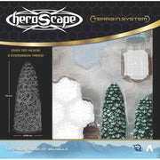 Heroscape: The Snow Fields of Valhalla Terrain Expansion - Heroscape terrain expansion featuring dark green evergreen trees and hexagonal snow-covered terrain tiles with icy blue and.