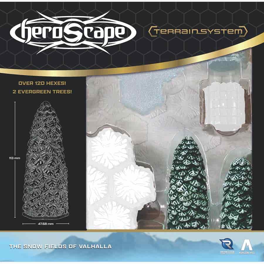 Heroscape: The Snow Fields of Valhalla Terrain Expansion - Heroscape terrain expansion featuring dark green evergreen trees and hexagonal snow-covered terrain tiles with icy blue and.