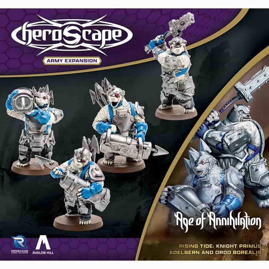 Heroscape: Rising Tide: Knight Primus Adelbern and Ordo Borealis Army Expansion - Set of five detailed gray and blue plastic miniature wargame figures with futuristic armor and weaponry on round bases.