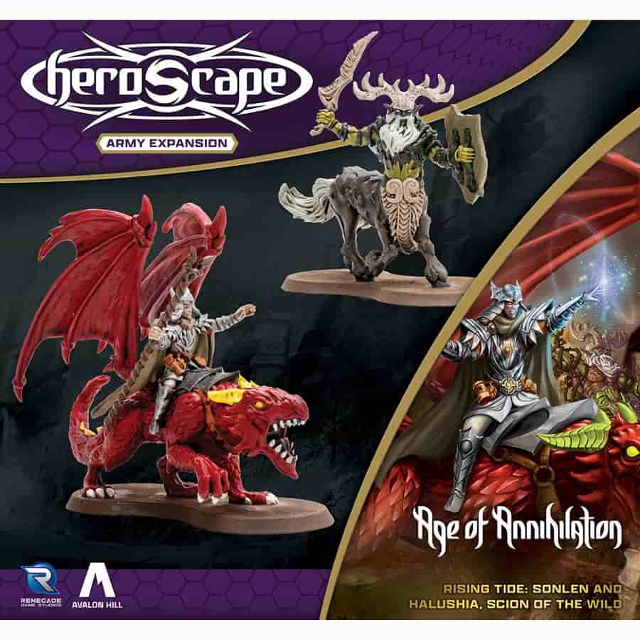 Heroscape: Rising Tide: Sonlen and Halushia, Scion of the Wild Army Expansion - A red-winged dragon rider in silver armor and a stag-like horned creature with a warrior in brown and green tones.