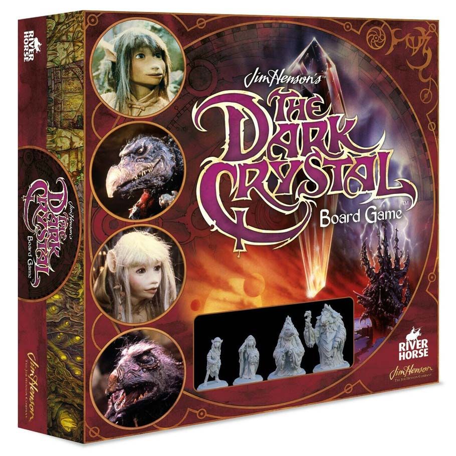 The Dark Crystal Board Game - Dark Crystal board game box with fantasy artwork, character portraits, and miniature figures displayed in a window.