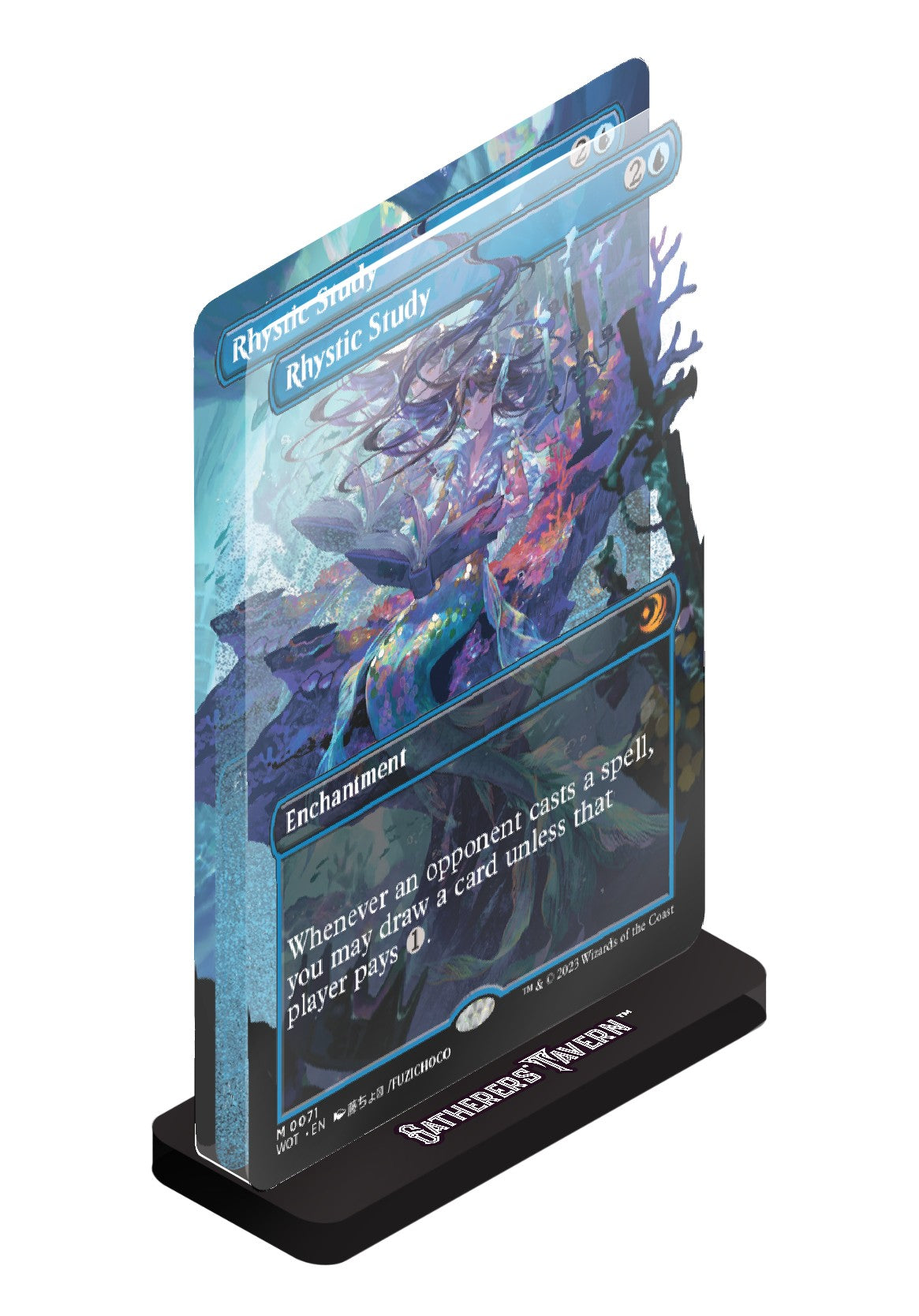 Magic: The Gathering - Rhystic Study Acrylic Slab Standee - The Gathering with black base labeled "Spellbook Token".