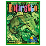 Coloretto - Colorful Coloretto card game box featuring a green chameleon camouflaged among lush tropical leaves.