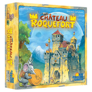 Chateau Roquefort - Colorful game box featuring a medieval stone castle with towers and turrets, a mountain backdrop, and a cartoon mouse.