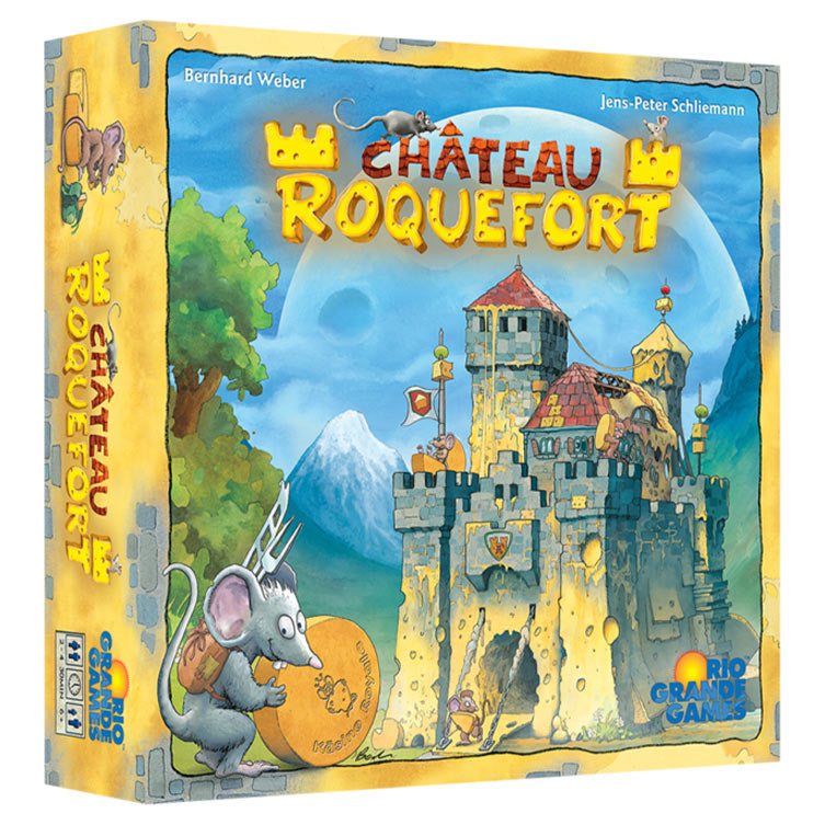 Chateau Roquefort - Colorful game box featuring a medieval stone castle with towers and turrets, a mountain backdrop, and a cartoon mouse.