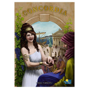 Concordia - Concordia board game box featuring Roman-era woman in white dress with gold accessories, ancient cityscape background.