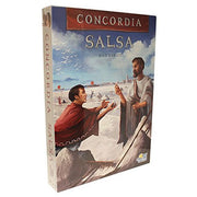 Concordia: Salsa - Concordia Salsa board game box featuring Roman-themed artwork with two men in ancient robes against a beach background.
