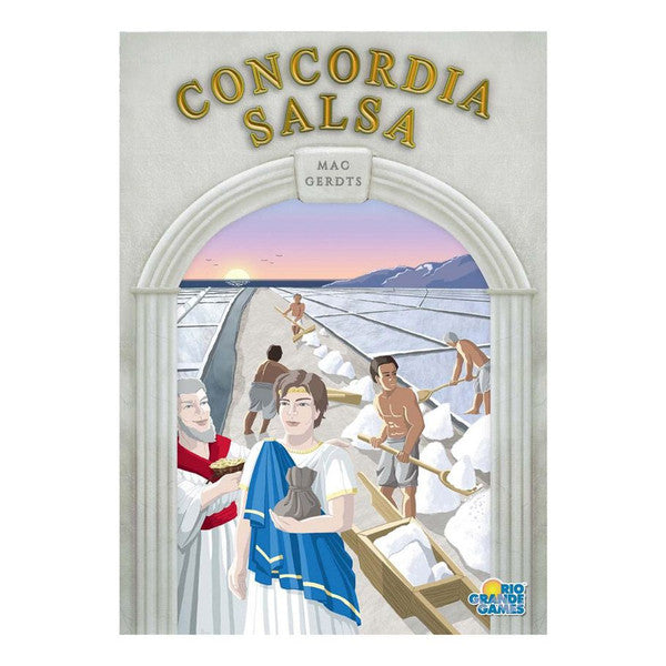 Concordia: Salsa - Concordia Salsa board game box featuring Roman-inspired arch and illustration of ancient traders on a dock with.