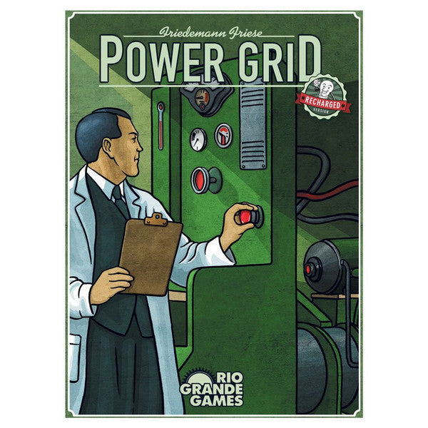 Power Grid Recharged 2nd Edition - Board game box with vintage illustration of a man in a white coat operating a green industrial control panel labeled Power.