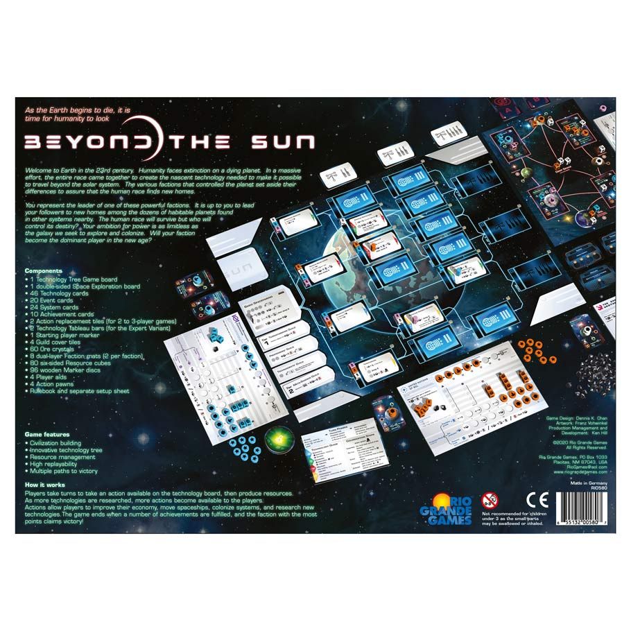 Beyond the Sun - Beyond the Sun board game with space-themed cards, tiles, and tokens arranged on a black starry background.