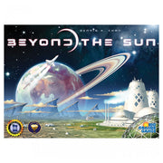 Beyond the Sun - Board game box featuring a vivid space scene with a planet, ringed celestial body, rocket, and futuristic buildings under a.