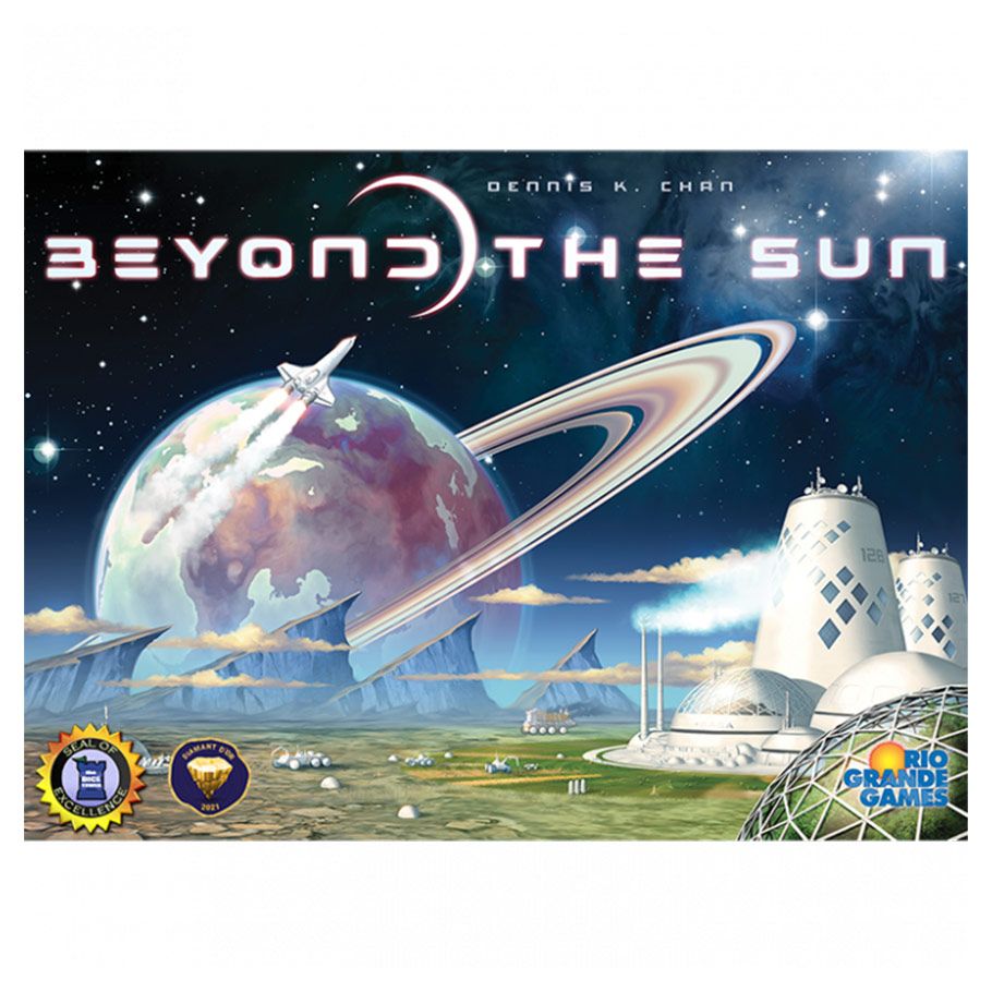 Beyond the Sun - Board game box featuring a vivid space scene with a planet, ringed celestial body, rocket, and futuristic buildings under a.