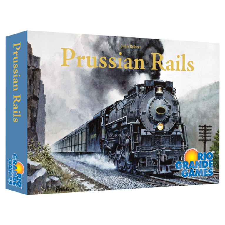Prussian Rails - Board game box with a vintage black steam locomotive pulling cars through a smoky landscape, titled Prussian Rails in gold.
