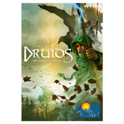 Druids - Board game box featuring a hooded druid casting a blue lightning spell with flying leaves and a dark crow in a misty forest.