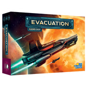 Evacuation - Board game box with sci-fi spaceship flying through space and fiery orange planet in background.