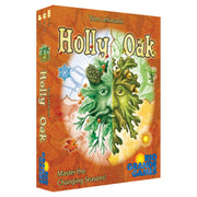 Holly Oak - Holly Oak card game box with colorful autumn-themed leaves and a green face blending into an oak leaf on an orange.