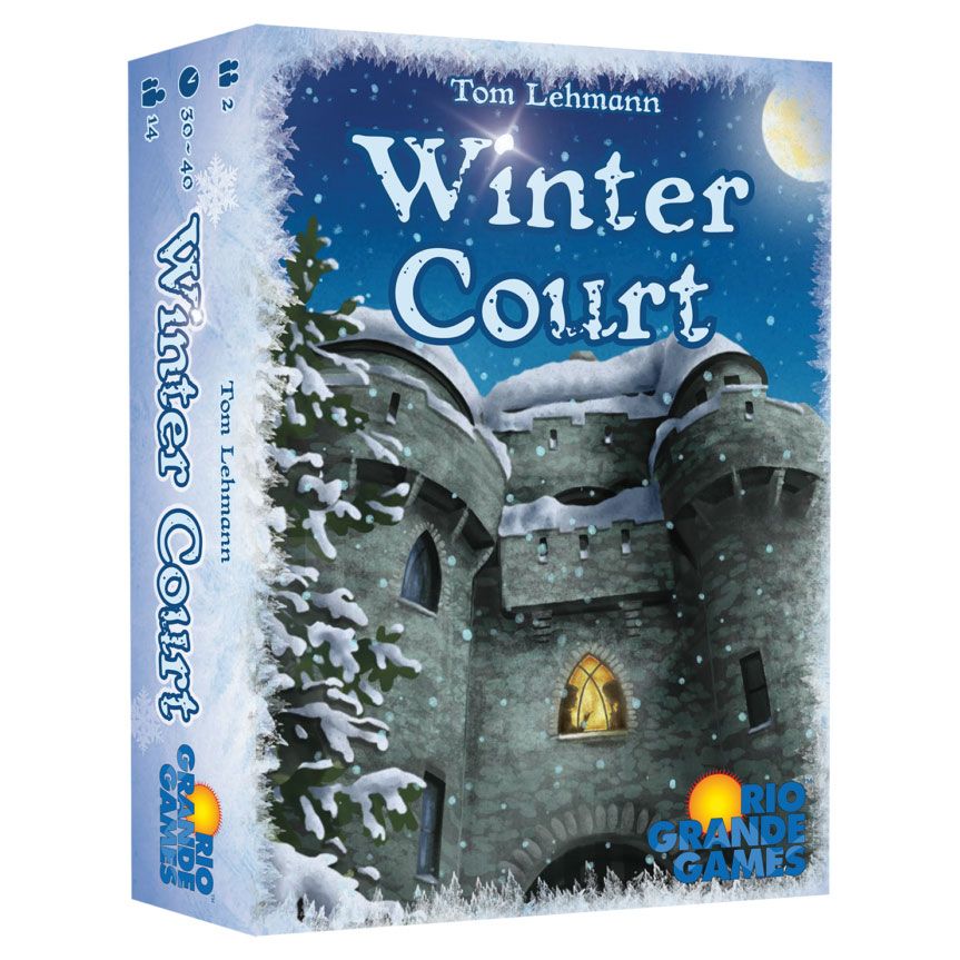 Winter Court - Winter Court card game box featuring a snowy stone castle under a moonlit night sky with a glowing window and snow-covered.
