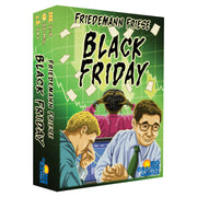 Black Friday - Black Friday board game box with green background, featuring three illustrated men in business attire and a stock market.