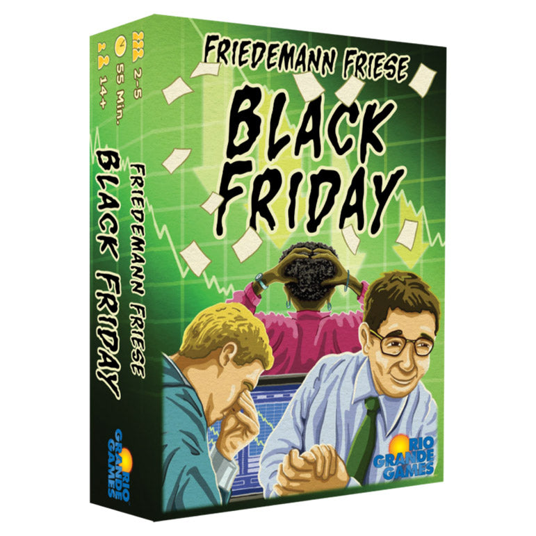 Black Friday - Black Friday board game box with green background, featuring three illustrated men in business attire and a stock market.