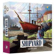 Shipyard 2E - Strategy board game box featuring a red and black vintage ship docked at a historic shipyard with industrial buildings and.