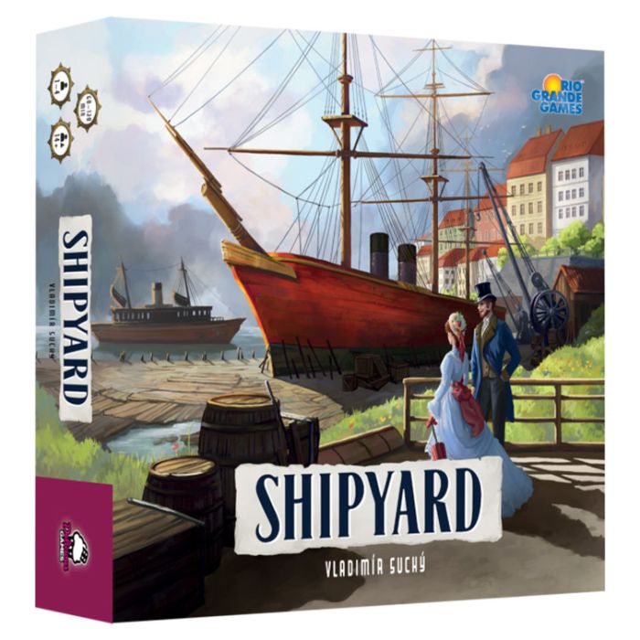 Shipyard 2E - Strategy board game box featuring a red and black vintage ship docked at a historic shipyard with industrial buildings and.