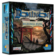 Dominion: Rising Sun - Rising Sun board game box with Japanese-themed artwork, featuring a red torii gate and sunset over a river landscape.