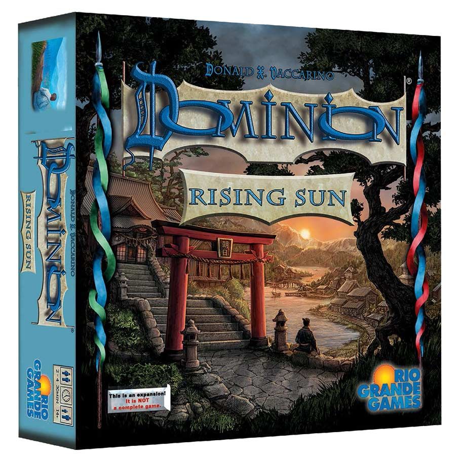 Dominion: Rising Sun - Rising Sun board game box with Japanese-themed artwork, featuring a red torii gate and sunset over a river landscape.