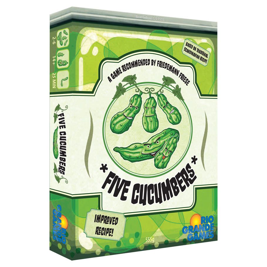 Five Cucumbers - Box of Five Cucumbers card game featuring green cucumber illustrations and playful typography.