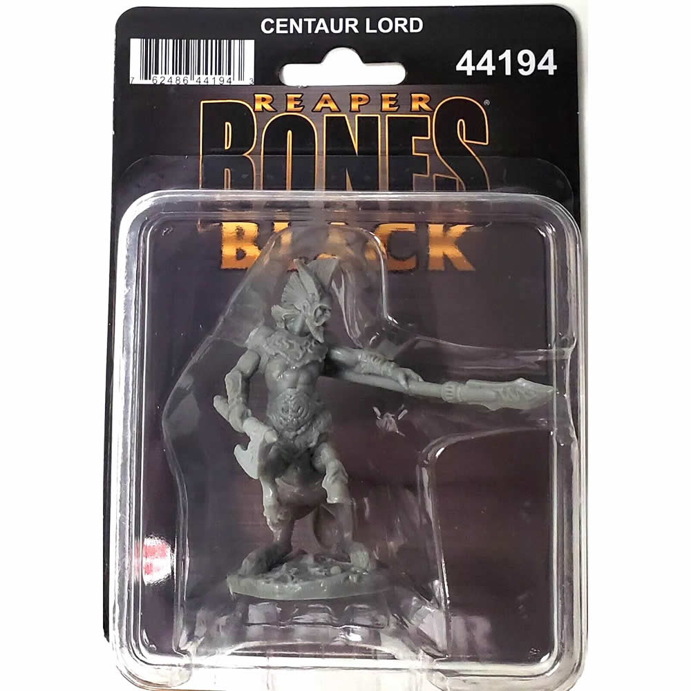 Centaur Lord - Gray unpainted miniature of a muscular centaur warrior with a spear, in plastic blister pack.