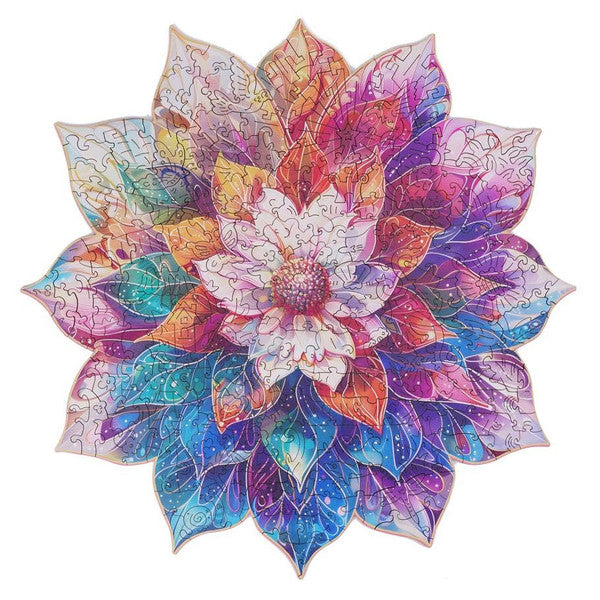 Puzzle Paradise: Mystic Mandala Flower 200 piece - Colorful mandala flower puzzle with 200 pieces featuring intricate leaf patterns in vibrant purple, blue, pink, and orange.