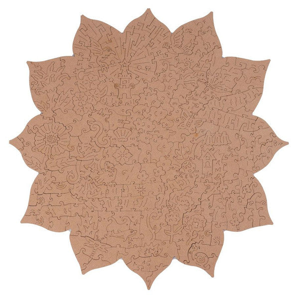 Puzzle Paradise: Mystic Mandala Flower 200 piece - Intricately cut wooden puzzle shaped like a mandala flower with engraved floral and geometric patterns.
