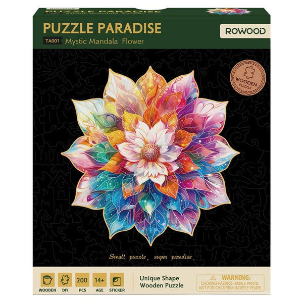 Puzzle Paradise: Mystic Mandala Flower 200 piece - Colorful mandala flower puzzle with 200 pieces, vibrant pink, purple, blue, and orange petals on black background.