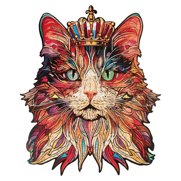 Puzzle Paradise: Cat King - Colorful detailed illustration of a cat's head with a royal crown and flowing mane-like fur.