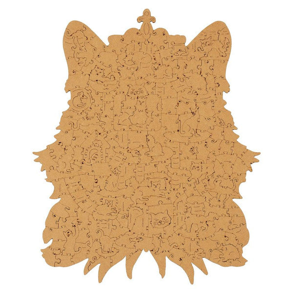 Puzzle Paradise: Cat King - Intricate wooden jigsaw puzzle shaped like a cat's head with a crown-shaped top piece, natural wood color.