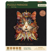 Puzzle Paradise: Cat King - Colorful illustrated cat face wearing a jeweled royal crown on black puzzle box.