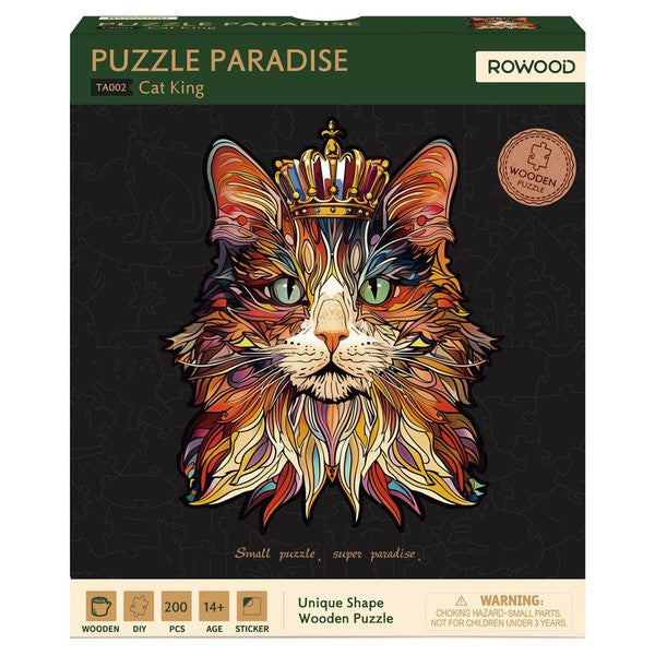 Puzzle Paradise: Cat King - Colorful illustrated cat face wearing a jeweled royal crown on black puzzle box.
