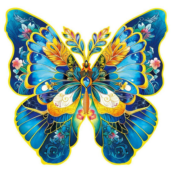 Puzzle Paradise: Morpho Helena Butterfly 200 piece - Vibrant butterfly-shaped puzzle featuring blue, yellow, and white wings with floral and heart patterns.