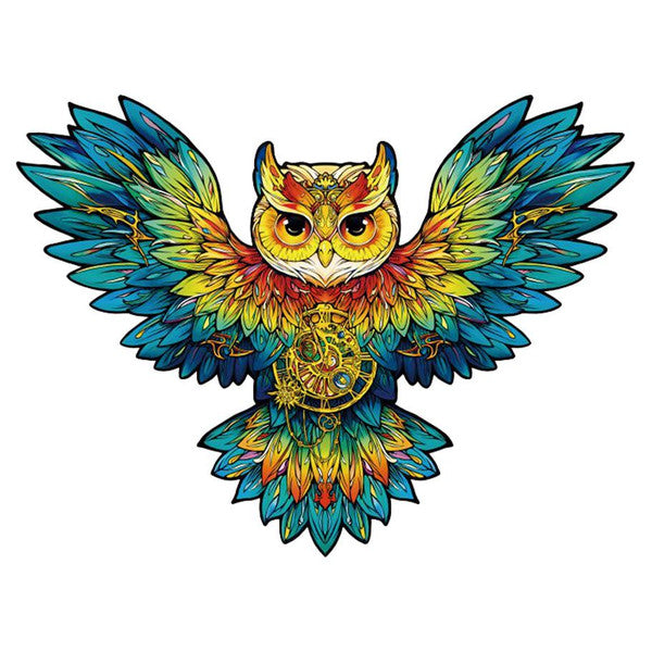 200 Piece Wooden Puzzle: Owl - Colorful wooden puzzle of an owl with outstretched wings in shades of blue, green, and orange.