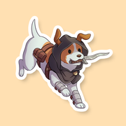 Rogue Class D&D Dog Sticker - Sticker of a playful dog dressed as a rogue with a hood, leather armor, and a small dagger in its mouth.
