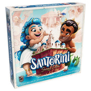 Santorini 2E - Santorini board game box with cartoon characters, blue-haired builder and dark-skinned worker, holding white building pieces.